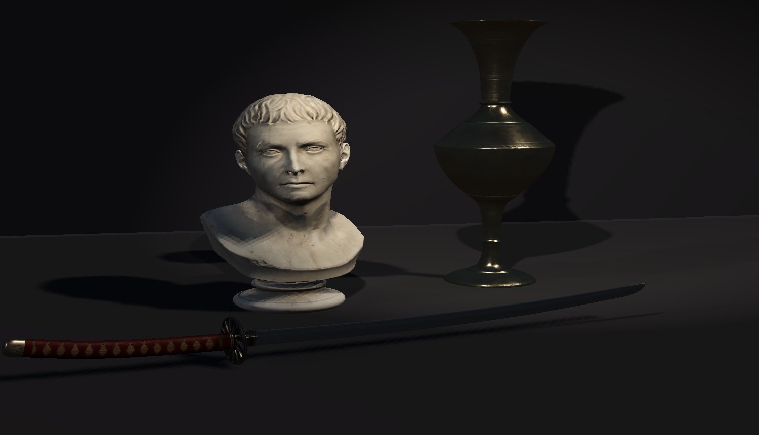 A marble bust, a brass vase and a katana rendered by the XEMA engine with PBR and shadows
