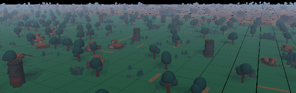 Final image of a XEMA frame: a procedurally generated landscape with trees and houses